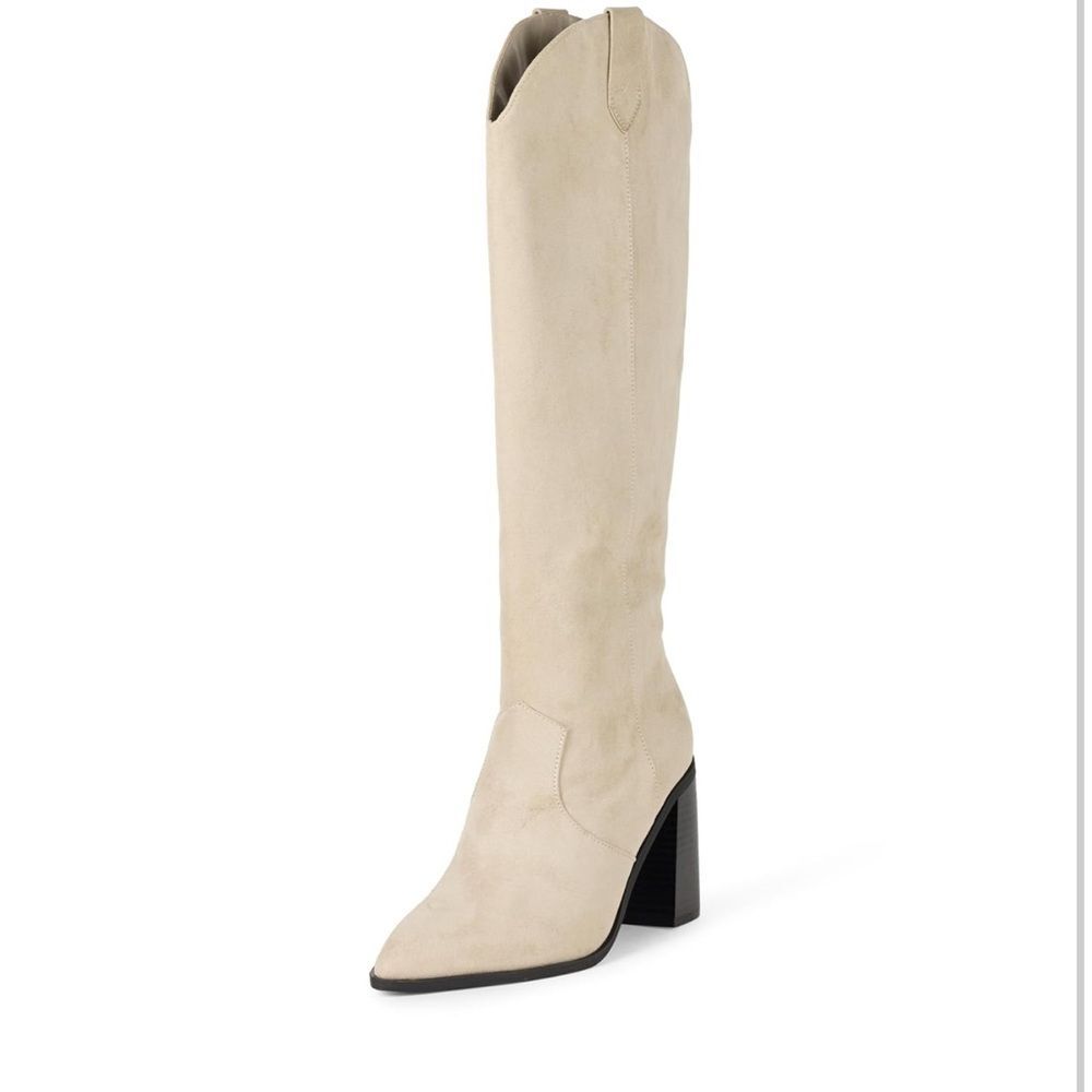 The Drop ‘Cassandra’ Knee-High cream microsuede Western Boot, NEW w/ tag size 9